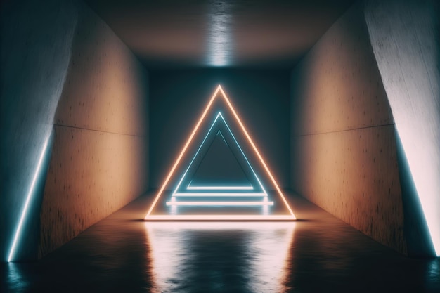 Sala de concreto com portal triangular iluminado por luz neon azul e laranja