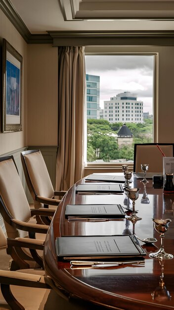 Sala de conferências elegante com mesa de madeira polida, pratos de prata, documentos, cadeiras beige, Vertical Mo.