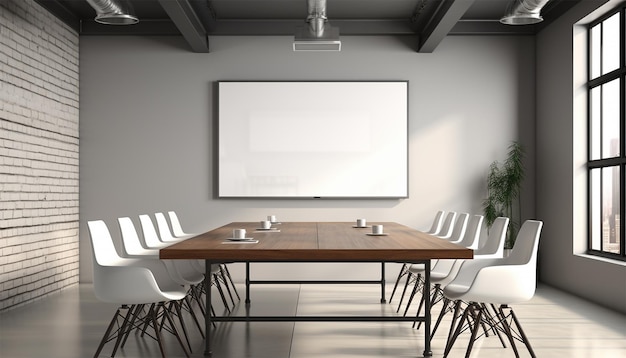 Sala de conferências moderna com placa de maquete em branco na parede Interior da reunião de escritório moderna