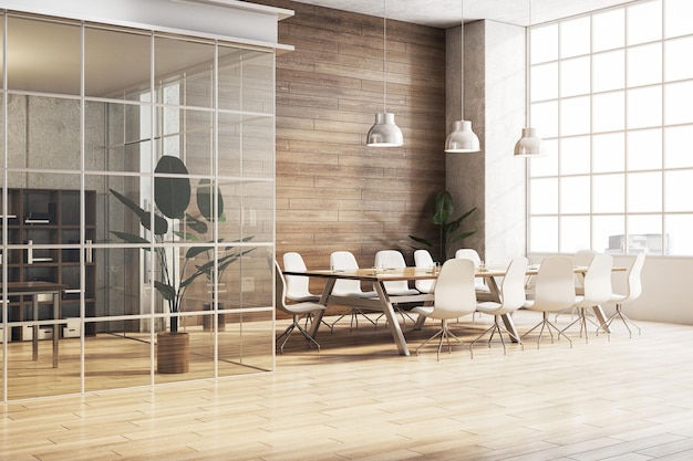 Sala de conferências moderna vazia com uma mesa de madeira, cadeiras brancas, grandes janelas e parede de madeira conceito de escritório 3D Rendering