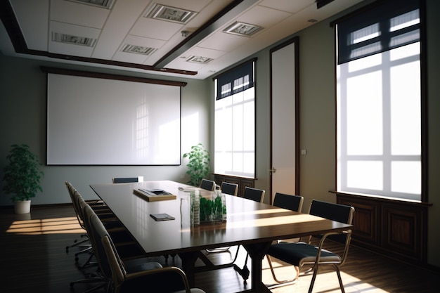 Sala de conferências vazia com mesa sobre quadro branco no escritório criada usando tecnologia generativa de IA