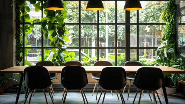 Sala de conferências vazia num espaço de escritório sustentável com grandes janelas com vista para a vegetação