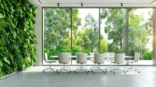 Sala de conferências vazia num espaço de escritório sustentável com grandes janelas com vista para a vegetação