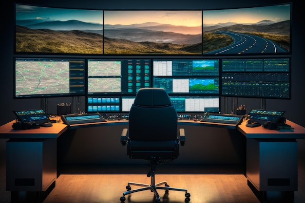 Foto sala de controle com vários monitores e cadeira generative ai