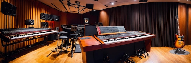 Foto sala de controle de gravação completa com amplificador de mesa de mistura, microfone de piano e guitarra