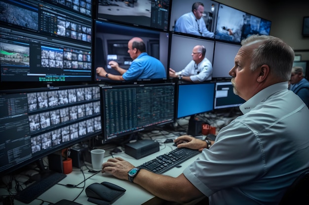 Sala de controle de segurança com telas de computador multipoke mostrando feed de imagens de câmeras de vigilância segurança de alta tecnologia rede neural gerada por ia