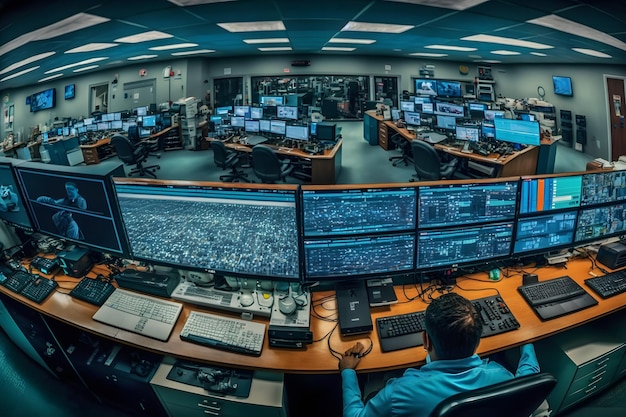 Sala de controle de segurança com telas de computador multipoke mostrando feed de imagens de câmeras de vigilância Segurança de alta tecnologia Rede neural gerada por IA