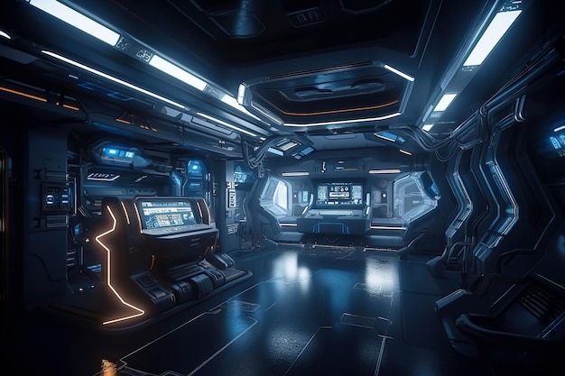 Sala de controle no interior da nave espacial ou IA generativa da estação espacial