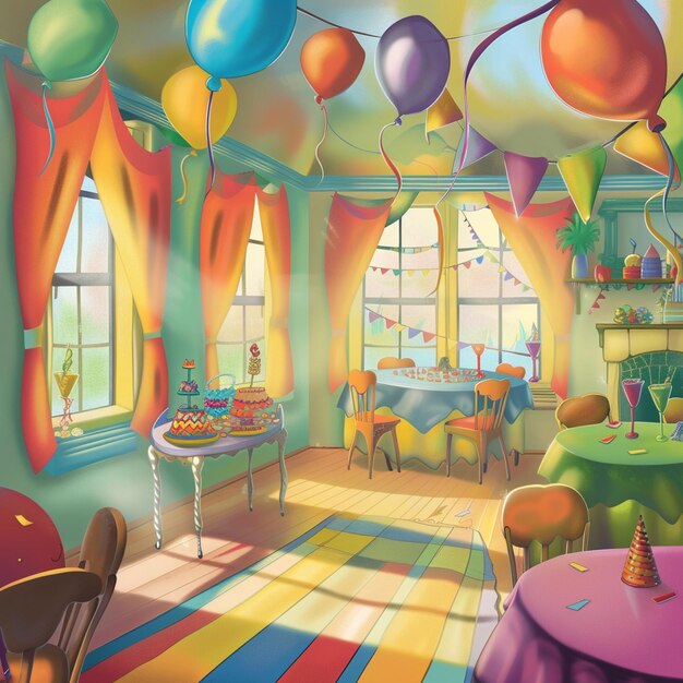 sala de cores brilhantes com balões e mesas e cadeiras generativa ai