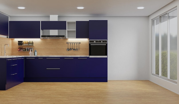 Sala de cozinha com uma parede de mesa de jantar renderização em 3D