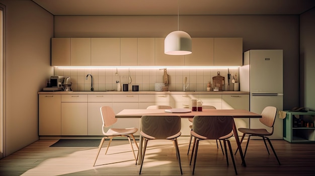 Sala de cozinha de design de interiores minimalista com estilo de tom bege aconchegante decorado com madeira Generative Ai