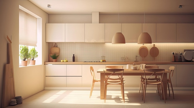 Sala de cozinha de design de interiores minimalista com estilo de tom bege aconchegante decorado com madeira Generative Ai