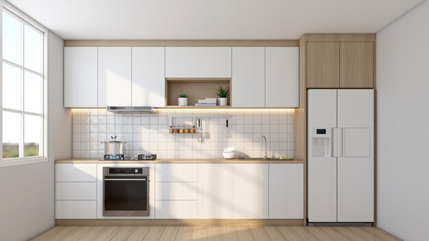 Sala de cozinha de estilo moderno com armário e eletrodomésticos de cozinha minimalistas