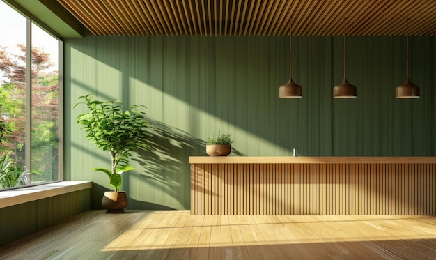 Sala de cozinha verde e design de interiores minimalista em parede de lâminas de madeira