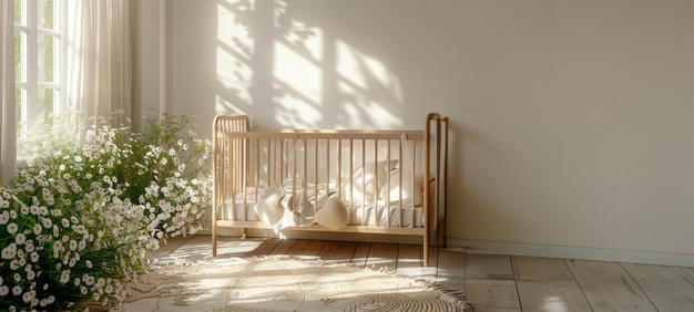 Sala de creche tranquila com berço e sombras de luz natural