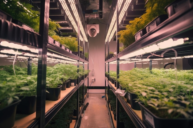 Sala de cultivo de cannabis de alta tecnologia com sistemas avançados de iluminação e ventilação