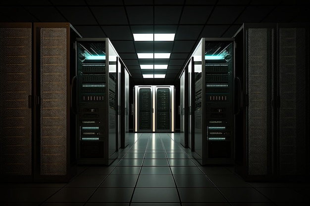 Sala de data center de servidores escuros com computadores e sistemas de armazenamento