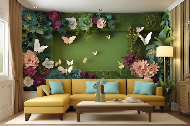 sala de design de interiores com sofá amarelo e renderização de flores