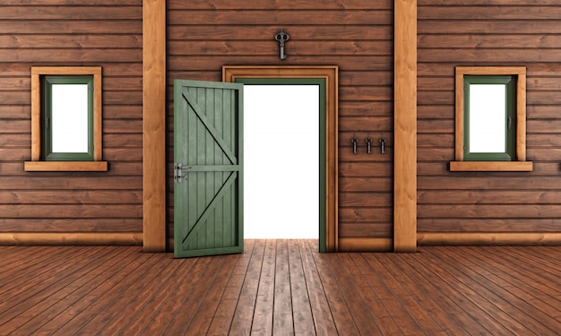 Sala de entrada vazia de uma casa de madeira com porta aberta