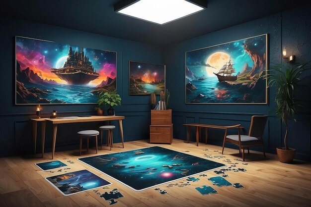 Foto sala de escape de realidade virtual com maquete de quebra-cabeças artísticos