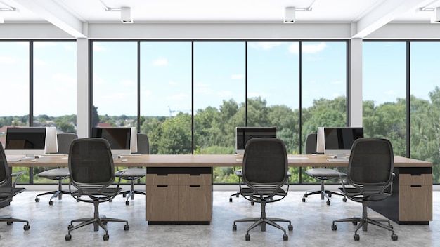 Sala de escritório loft minimalista com janela de moldura de mesa de madeira e piso de concreto renderização em 3d