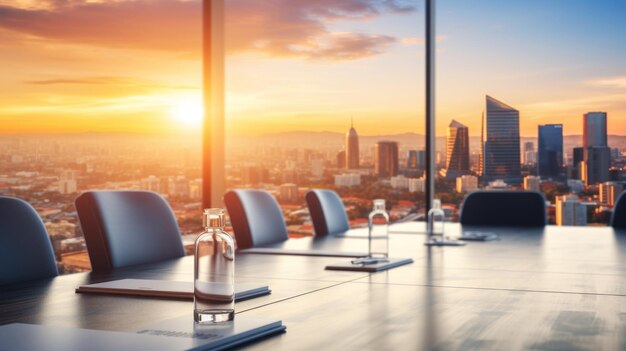 sala de escritório moderna com luz do sol e fundo de vista da torre bokeh