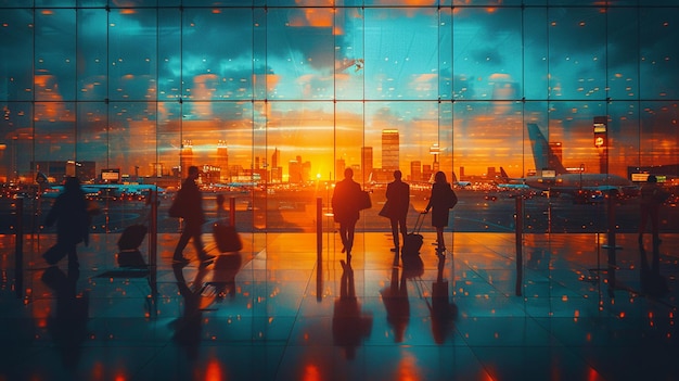 Foto sala de espera do aeroporto internacional cheia de viajantes de negócios globais