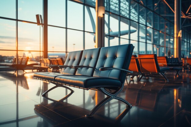 Sala de espera serena do aeroporto com um borrão de sonho de um avião à espera