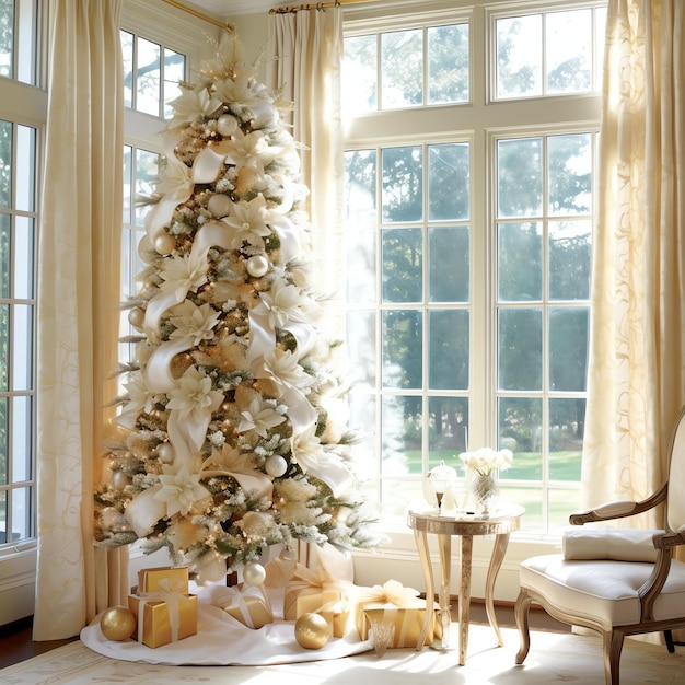 Sala de estar aconchegante com árvore de Natal e presentes vermelhos em interiores modernos Feliz fundo de Natal