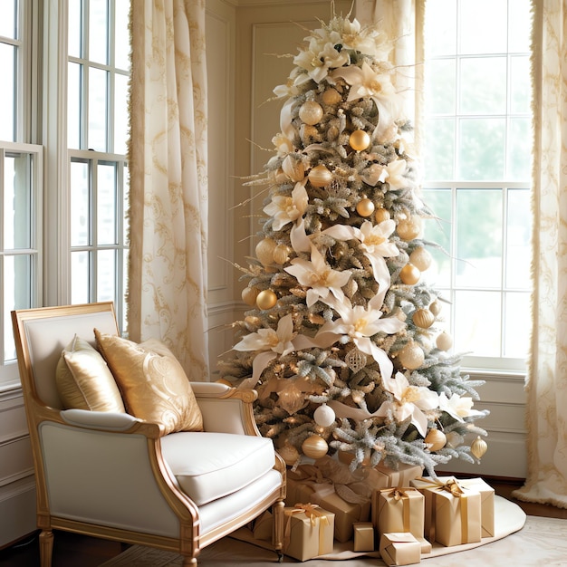Sala de estar aconchegante com árvore de Natal e presentes vermelhos em interiores modernos Feliz fundo de Natal