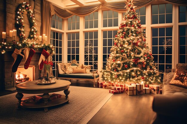 Foto sala de estar aconchegante com árvore de natal e presentes vermelhos em interiores modernos feliz fundo de natal