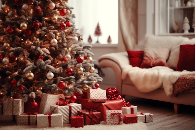 Sala de estar aconchegante com árvore de Natal e presentes vermelhos em interiores modernos Feliz fundo de Natal