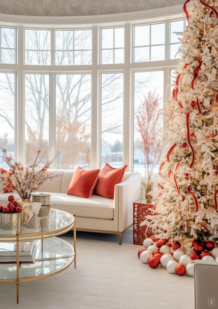 Sala de estar aconchegante com árvore de natal e presentes vermelhos no interior moderno Fundo de feliz natal