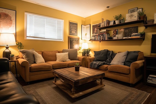 Sala de estar aconchegante com carpete macio e almofadas perfeitas para se aconchegar e ler um bom livro