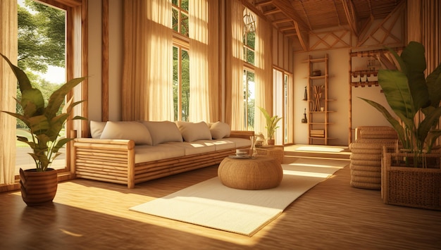 Sala de estar aconchegante com detalhes de madeira e plantas contra janelas panorâmicas Interior da casa Ecolodge