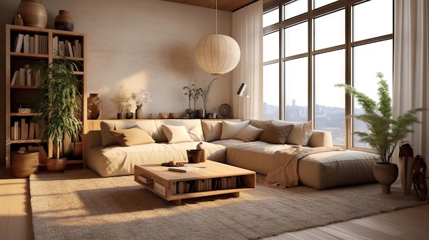 Sala de estar aconchegante com iluminação natural e móveis confortáveis