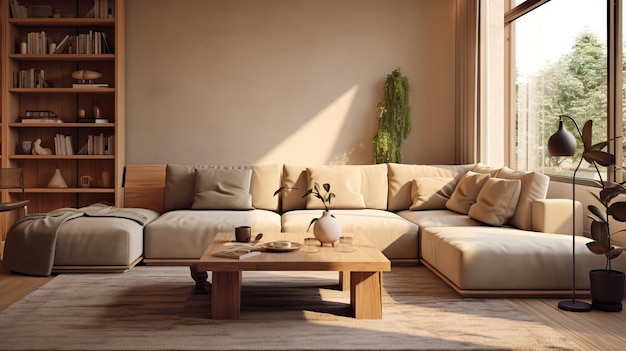 Sala de estar aconchegante com iluminação natural e móveis confortáveis