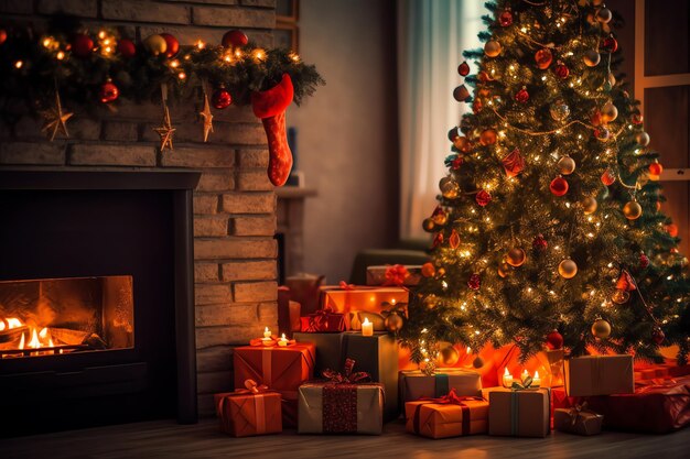 Sala de estar aconchegante com lareira e árvore de Natal em interiores clássicos Feliz fundo de Natal