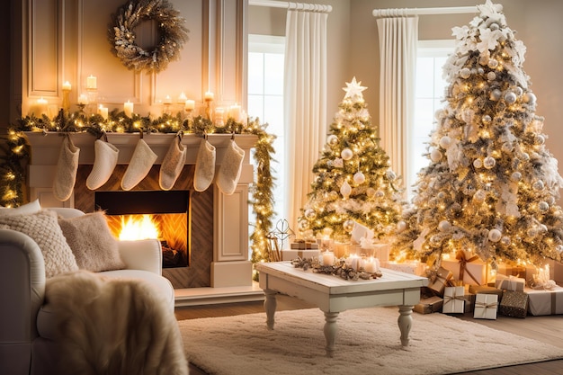 Sala de estar aconchegante com lareira na época do Natal gerada por IA