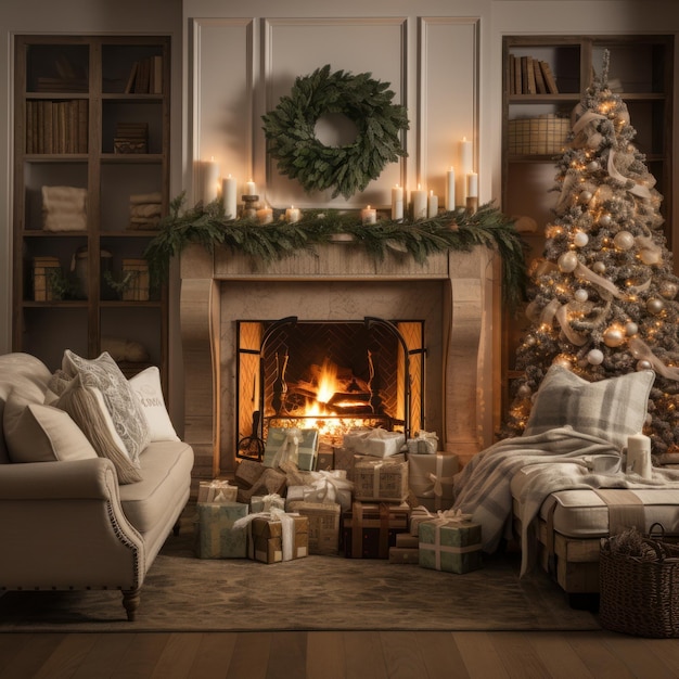 Sala de estar aconchegante com meias de árvore de Natal e fogo crepitante