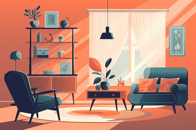 Sala de estar aconchegante com móveis confortáveis e luz natural entrando por uma janela Generative AI