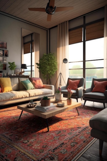 Sala de estar aconchegante com móveis elegantes e tapete criado com AI generativa