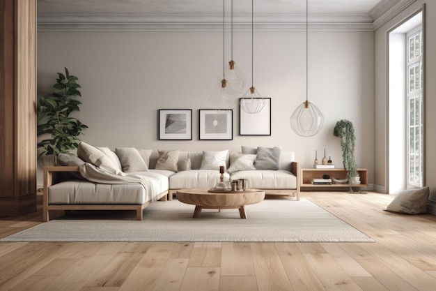 Sala de estar aconchegante com muita luz natural e móveis confortáveis Generative AI
