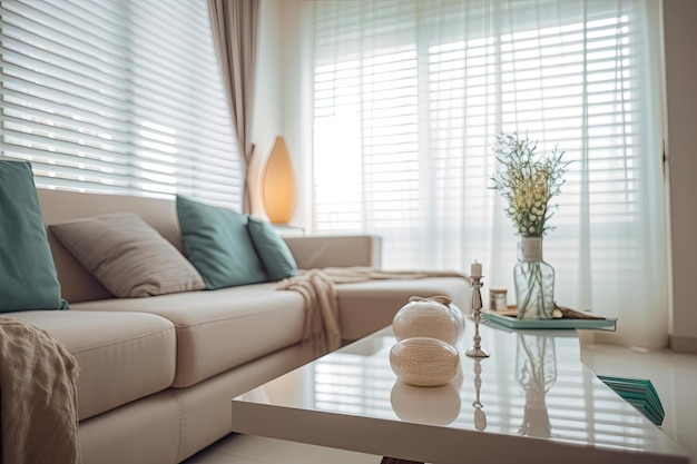 Sala de estar aconchegante com um sofá confortável e uma elegante mesa de centro IA generativa