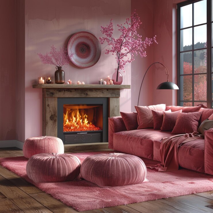 Foto sala de estar aconchegante com um sofá rosa, uma lareira e uma grande janela