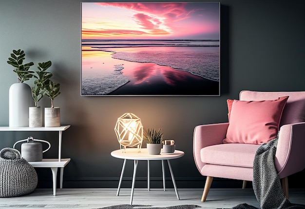 Foto sala de estar aconchegante com uma grande pintura na parede com um pôr do sol rosa e lilás na costa do mar