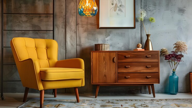 Foto sala de estar aconchegante de inspiração retrô com móveis de madeira e acentos decorativos