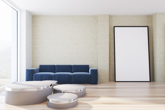 Sala de estar amarela com piso de madeira, um pôster grande e um sofá azul suave ao lado de uma mesa redonda. simulação de renderização 3D