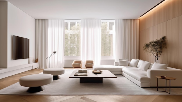 sala de estar arafada com sofá branco e mesa de centro IA generativa