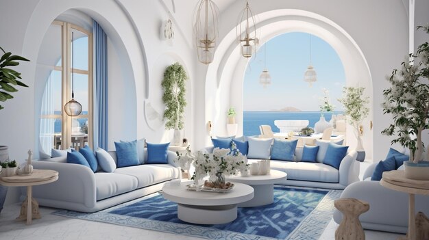 sala de estar arafed com um esquema de cores azul e branco e uma vista do oceano generativo ai